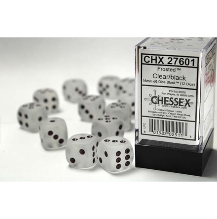 Frosted� 16mm d6 Clear/black Dice Block� (12 dice)
