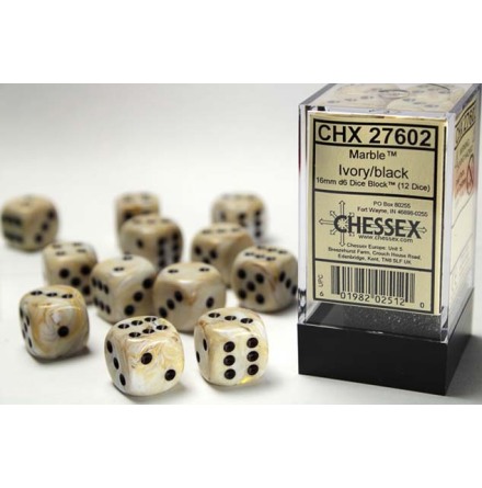 Marble 16mm d6 Ivory/black Dice Block� (12 dice)