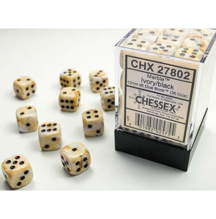 Marble 12mm d6 Ivory/black Dice Block (36 dice)