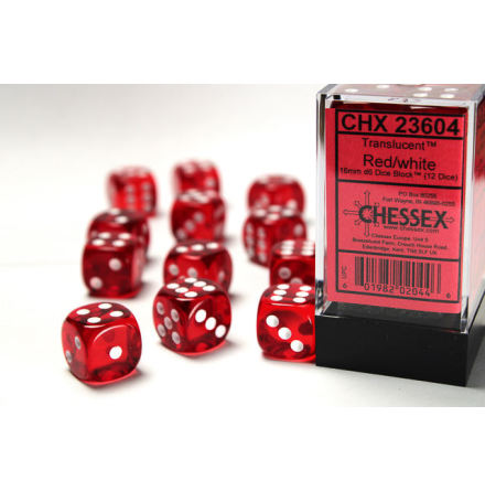 Translucent 16mm d6 Red/white Dice Block (12 dice)