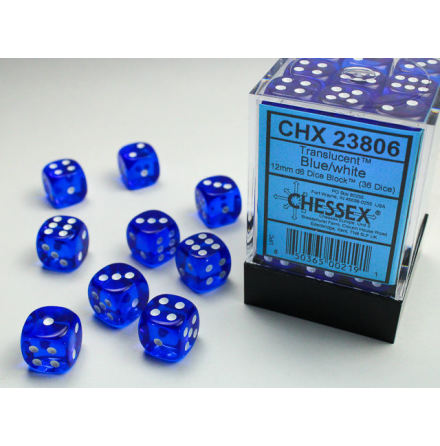Translucent 12mm d6 Blue/white Dice Block (36 dice)