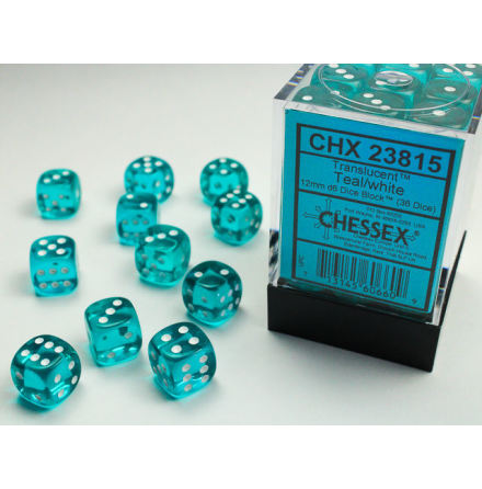 Translucent 12mm d6 Teal/white Dice Block (36 dice)