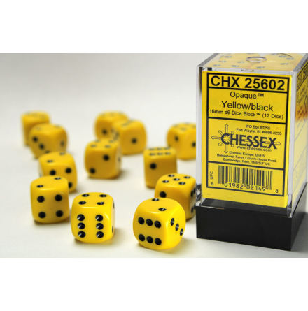 Opaque 16mm d6 Yellow/black Dice Block (12 dice)