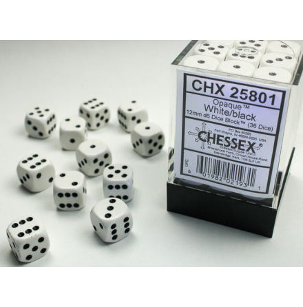 Opaque 12mm d6 White/black Dice Block (36 dice)