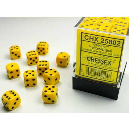 Opaque 12mm d6 Yellow/black Dice Block (36 dice)