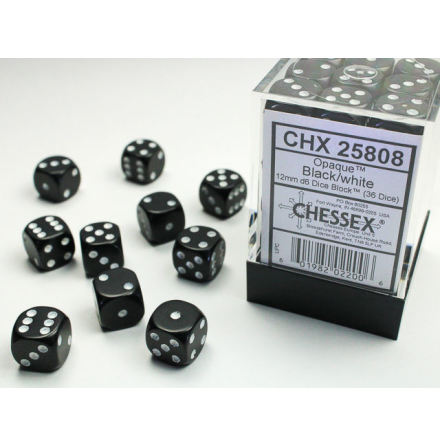 Opaque 12mm d6 Black/white Dice Block (36 dice)