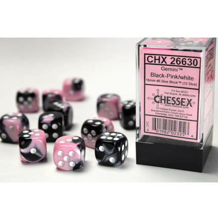 Gemini 16mm d6 Black-pink w/white Dice Block (12 dice)