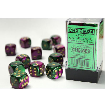 Gemini 16mm d6 Green-Purple/gold Dice Block (12 dice)