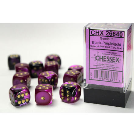 Gemini 16mm d6 Black-Purple w/gold Dice Block™ (12 dice)
