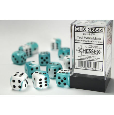 Gemini 16mm d6 Teal-White/black Dice Block (12 dice)