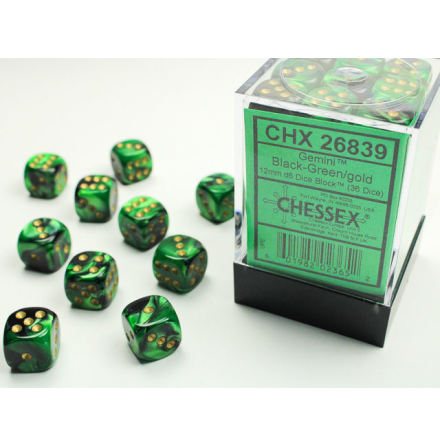 Gemini 12mm d6 Black-Green w/gold Dice Block (36 dice)