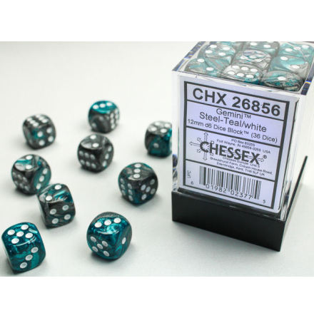 Gemini 12mm d6 Steel-teal/white Dice Block (36 dice)