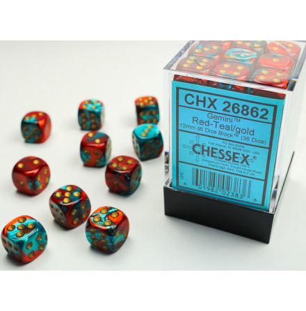 Gemini 12mm d6 Red-Teal/gold Dice Block (36 dice)