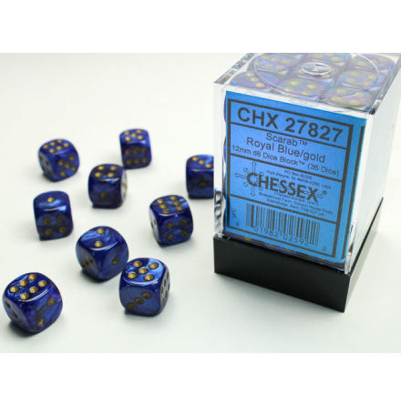 Scarab 12mm d6 Royal Blue/gold Dice Block (36 dice)