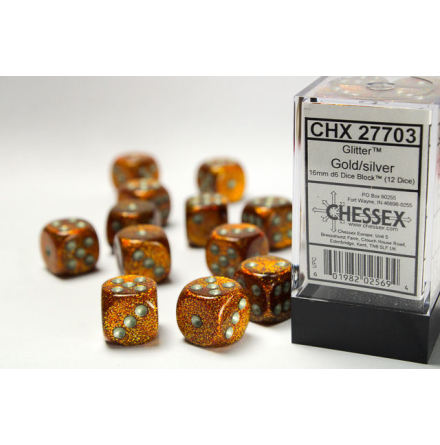 Glitter 16 mm d6 Gold/silver Dice Block (12 dice)