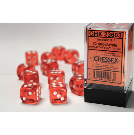 Translucent 16mm d6 Orange/white Dice Block (12 dice)