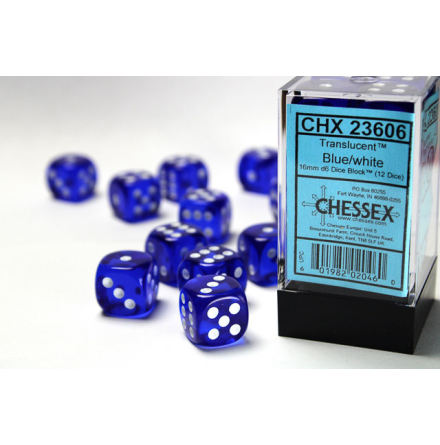 Translucent 16mm d6 Blue/white Dice Block (12 dice)