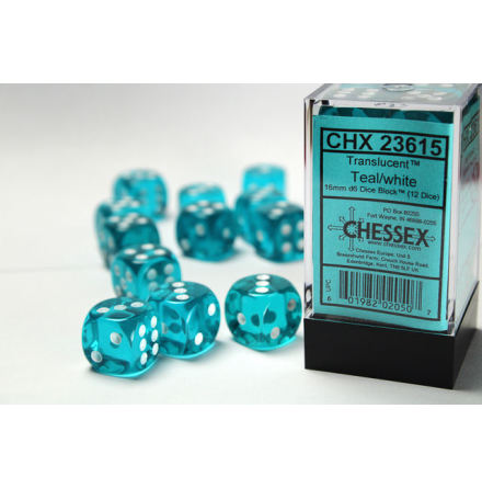 Translucent 16mm d6 Teal/white Dice Block (12 dice)