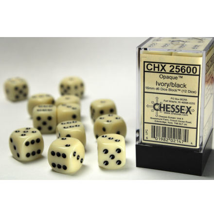 Opaque 16mm d6 Ivory/black Dice Block (12 dice)