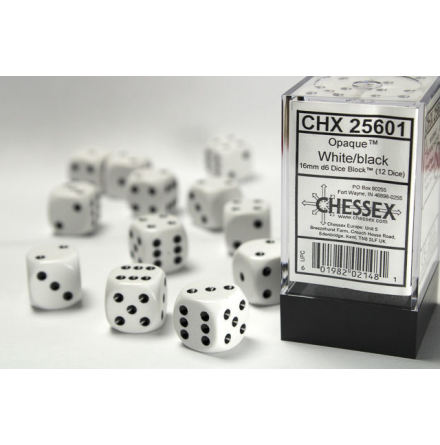 Opaque 16mm d6 White/black Dice Block (12 dice)