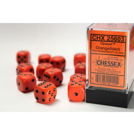 Opaque 16mm d6 Orange/black Dice Block (12 dice)