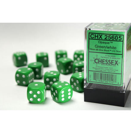 Opaque 16mm d6 Green/white Dice Block (12 dice)