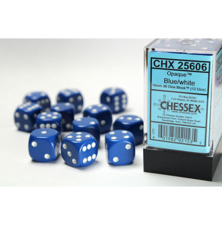 Opaque 16mm d6 Blue/white Dice Block (12 dice)