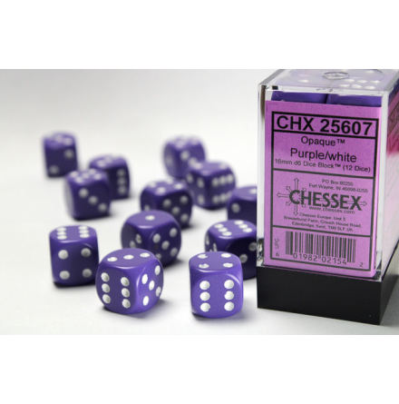 Opaque 16mm d6 Purple/white Dice Block (12 dice)