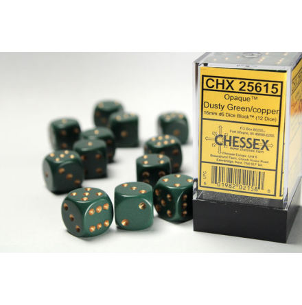 Opaque 16mm d6 Dusty Green/gold Dice Block (12 dice)