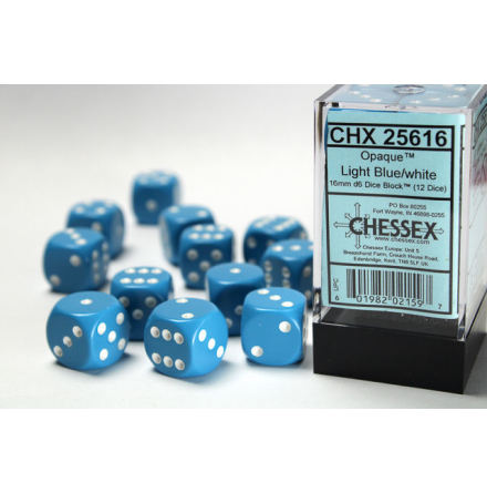 Opaque 16mm d6 Light Blue/white Dice Block (12 dice)