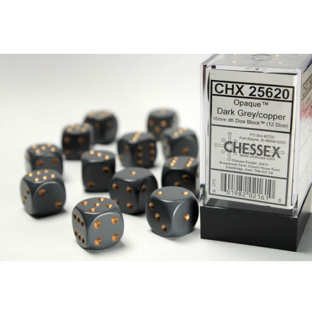 Opaque 16mm d6 Dark Grey/copper Dice Block (12 dice)