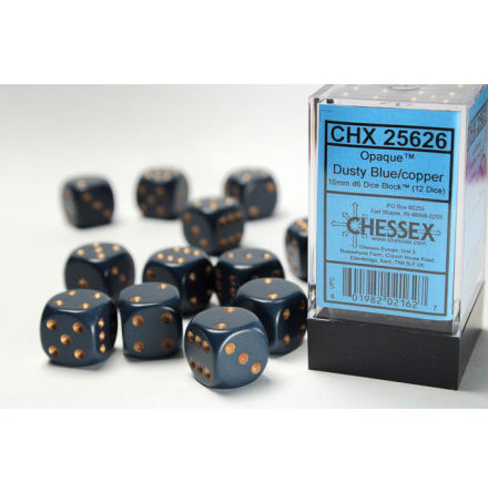 Opaque 16mm d6 Dusty Blue/gold Dice Block (12 dice)