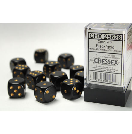 Opaque 16mm d6 Black/gold Dice Block (12 dice)