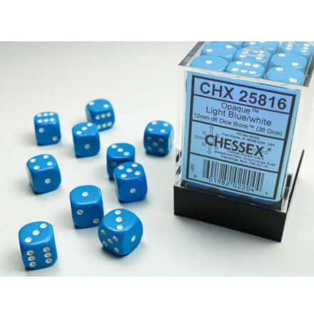 Opaque 12mm d6 Light Blue/white Dice Block (36 dice)