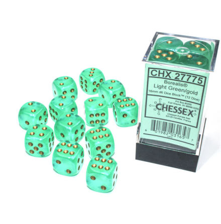 Borealis 16mm d6 Light Green/gold Luminary Dice BlockTM (12 dice)