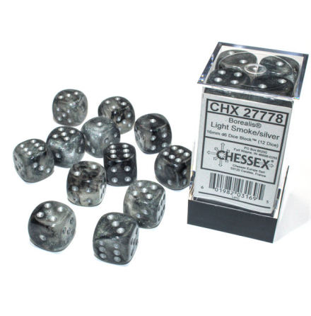 Borealis® 16mm d6 Light Smoke/silver Luminary Dice BlockTM (12 dice)