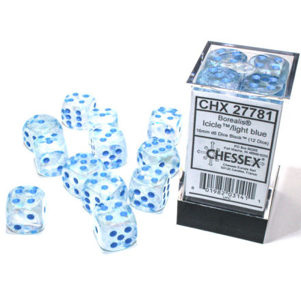 Borealis 16mm d6 IcicleTM/light blue Luminary Dice BlockTM (12 dice)