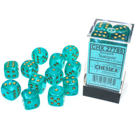 Borealis 16mm d6 Teal/gold Luminary Dice BlockTM (12 dice)