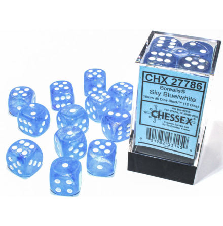 Borealis 16mm d6 Sky Blue/white Luminary Dice BlockTM (12 dice)