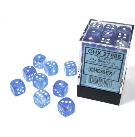 Borealis 12mm d6 Sky Blue/white Luminary Dice BlockTM (36 dice)