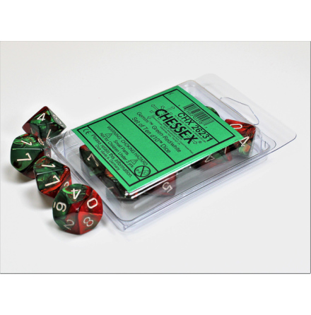 Gemini Green-Red w/white Set of Ten d10s