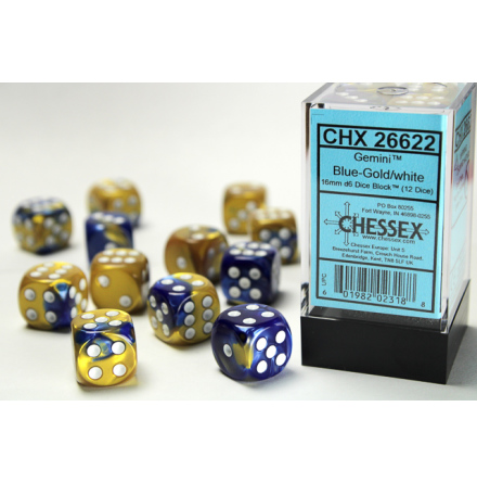 Gemini 16mm d6 Blue-Gold w/white Dice Block (12 dice)