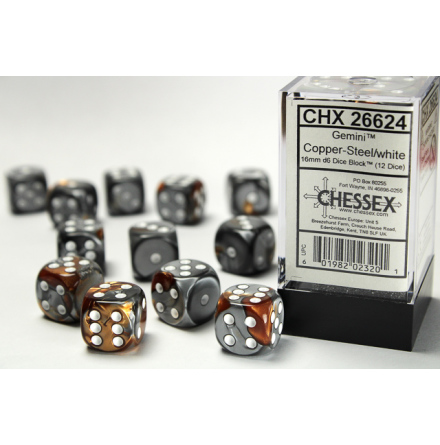 Gemini 16mm d6 Copper-Steel w/white Dice Block (12 dice)