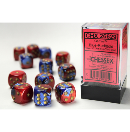 Gemini 16mm d6 Blue-Red w/gold Dice Block (12 dice)