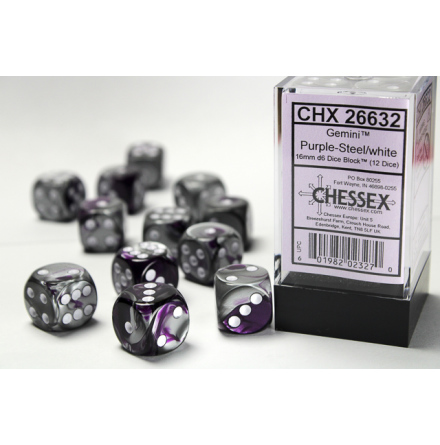 Gemini 16mm d6 Purple-Steel w/white Dice Block (12 dice)