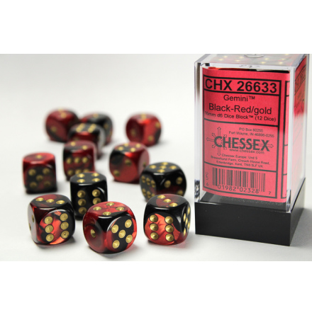 Gemini 16mm d6 Black-Red w/gold Dice Block (12 dice)