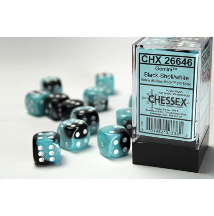 Gemini 16mm d6 Black-Shell w/white Dice Block (12 dice)