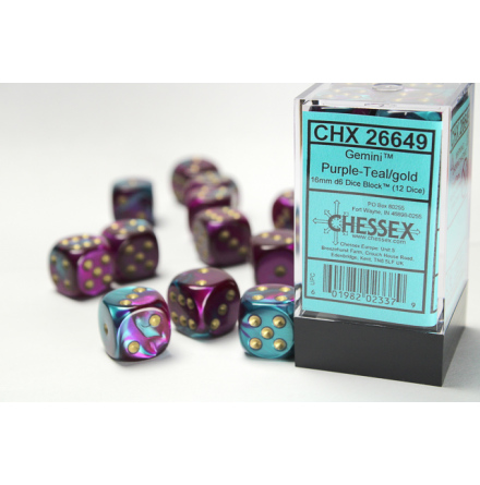 Gemini 16mm d6 Purple-Teal w/gold Dice Block (12 dice)