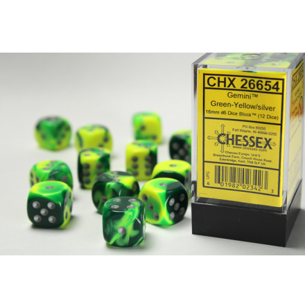 Gemini 16mm d6 Green-Yellow w/silver Dice Block (12 dice)