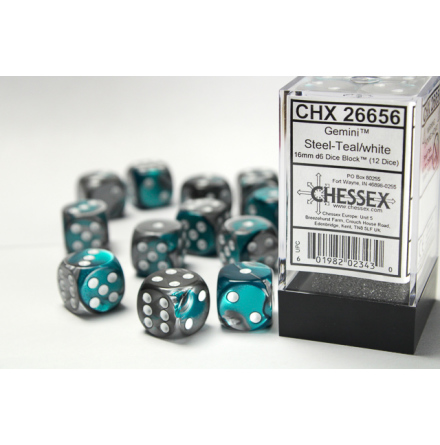 Gemini 16mm d6 Steel-Teal w/white Dice Block (12 dice)